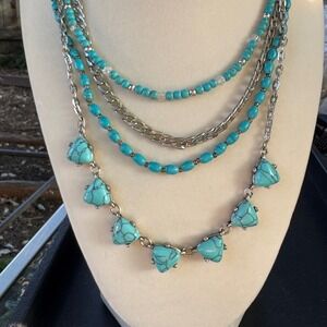 Layered Turquoise Necklace Silver Tone Statement Fashion‎ Jewelry